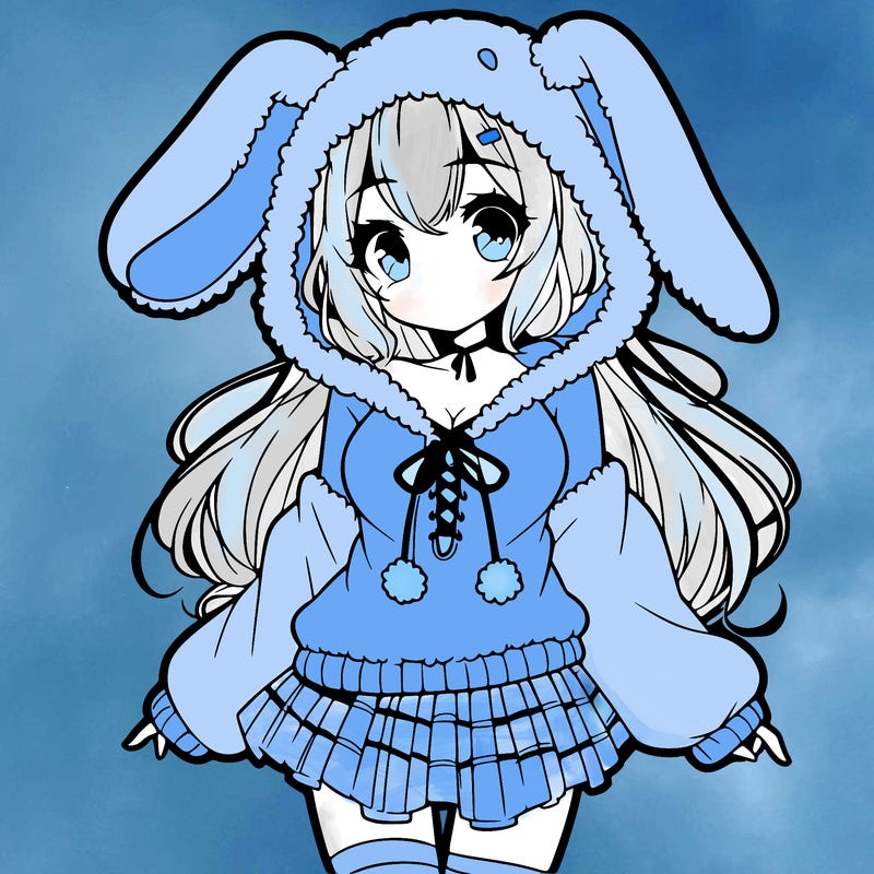 pretty anime girl wearing a fluffy hoodie with bunny ears on the hood and a skirt