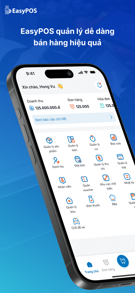 Easy Pos - O painel principal do aplicativo móvel Easy Pos mostrando relatórios de vendas e vários ícones de gestão em vietnamita.