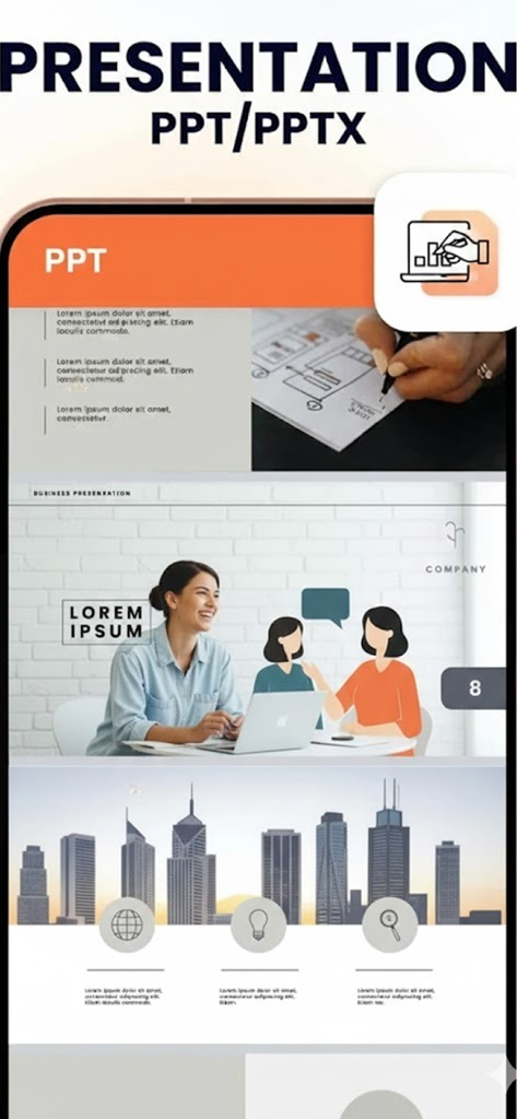 Pantalla de iPhone mostrando una presentación de PowerPoint utilizando la aplicación Visor de Documentos