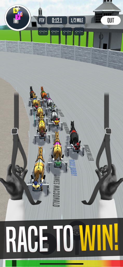 First person view of a horse harness racing competition in the Catch Driver app.