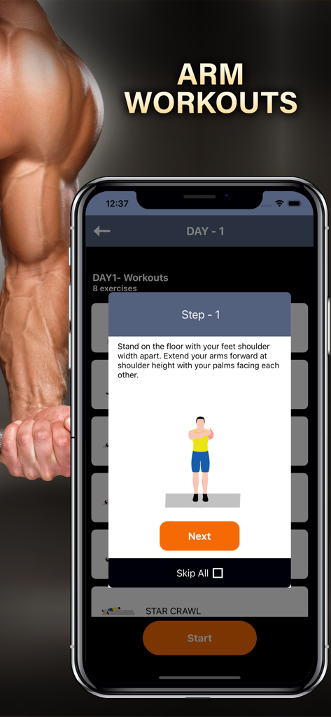 ArmWorkout Celebrity Challenge - A mobile app interface showing step by step arm workout instructions with a character animation.