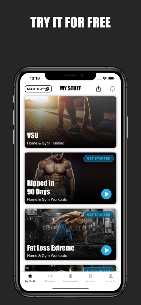 V Shred app interface showing various training programs like Ripped in 90 Days and Fat Loss Extreme