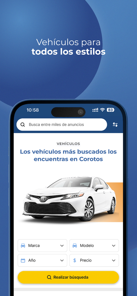 Corotos app interface showing vehicle search filters and a white sedan for sale in Dominican Republic