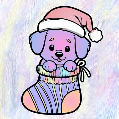 cute puppy wearing santa hat in socking
