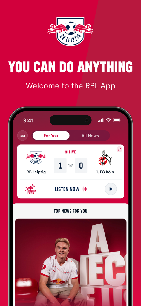 RB Leipzig - Pantalla de inicio de la app móvil RB Leipzig mostrando resultados de partidos de fútbol en vivo y noticias del club