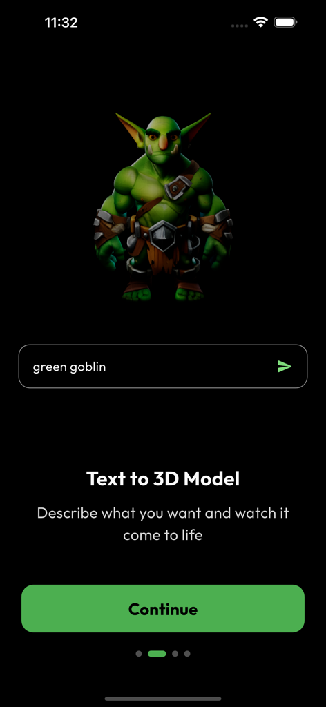 Interface do aplicativo Obloid mostrando um personagem 3D de goblin verde gerado a partir de um prompt de texto