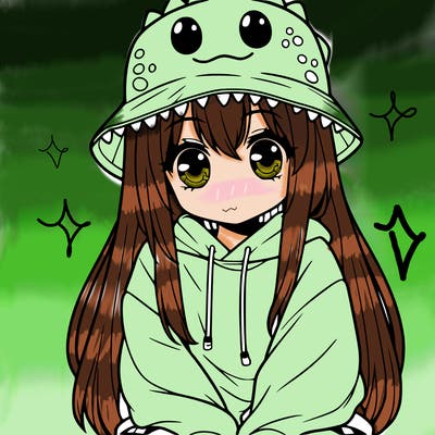 girl with anime shaped eyes with a dinosaur bucket hat oversized sweatshirt long straight hair