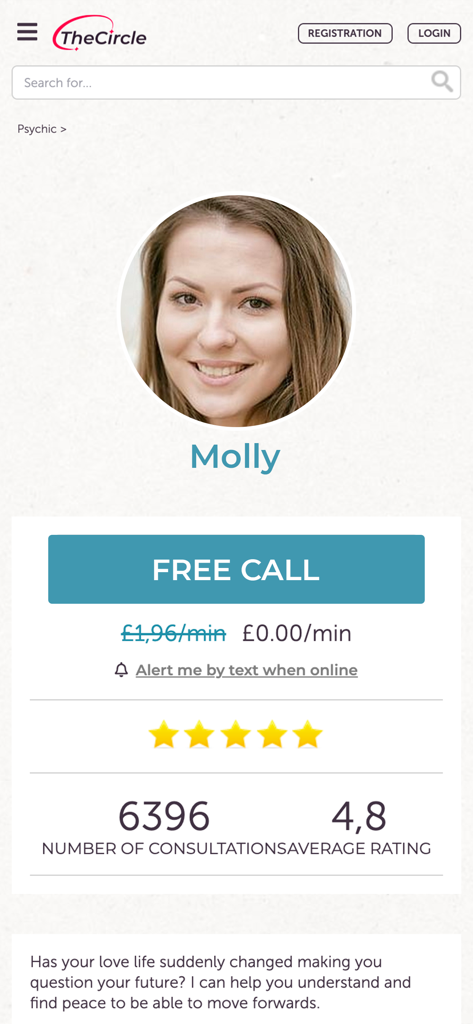 TheCircle - Your Psychic App - Profile page of a psychic reader named Molly on TheCircle app showing her photo rating and free call offer