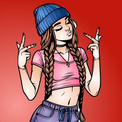 realistic teenage girl with braids and a beanie and crop top doing 🫶🏼
