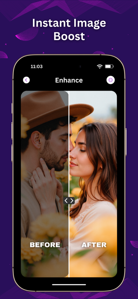 AI Photo Video Editor - Comparación lado a lado de antes y después de un retrato de pareja mejorado con IA