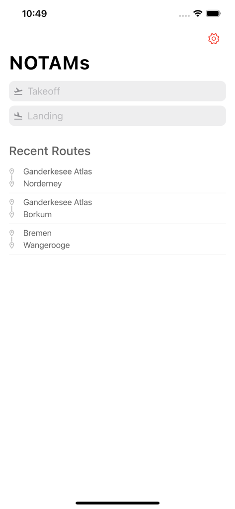 NOTAM Briefing (VFR/IFR) - Home screen of the NOTAM Briefing app showing flight route selection and recent routes for pilots.