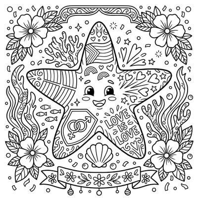 Explore a heartwarming scene where a cheerful coastal starfish celebrates Pride Month with vibrant symbols of love and diversity. This engaging coloring page blends marine beauty with heartfelt messages, perfect for all ages.