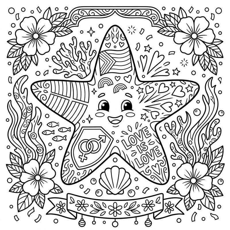 Explore a heartwarming scene where a cheerful coastal starfish celebrates Pride Month with vibrant symbols of love and diversity. This engaging coloring page blends marine beauty with heartfelt messages, perfect for all ages.