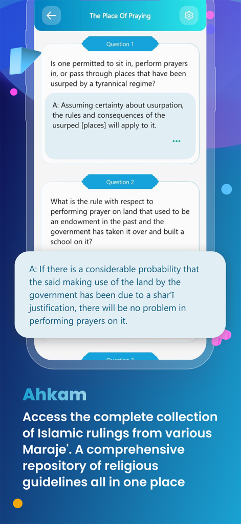 Habib | Shia Ai Quran Dua Azan - Interface of the Habib app showing the Ahkam section with Islamic rulings on prayer