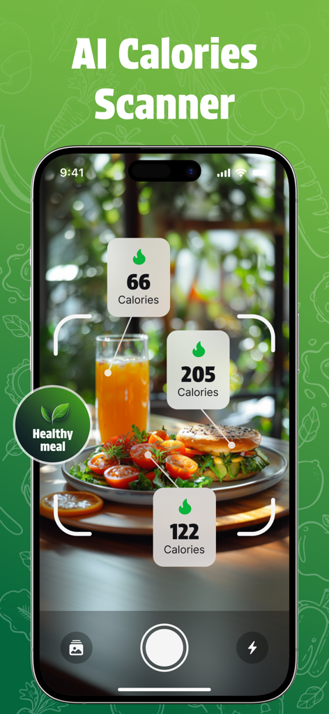iPhone screen displaying the AI Calories Scanner app identifying calorie counts for food items on a plate
