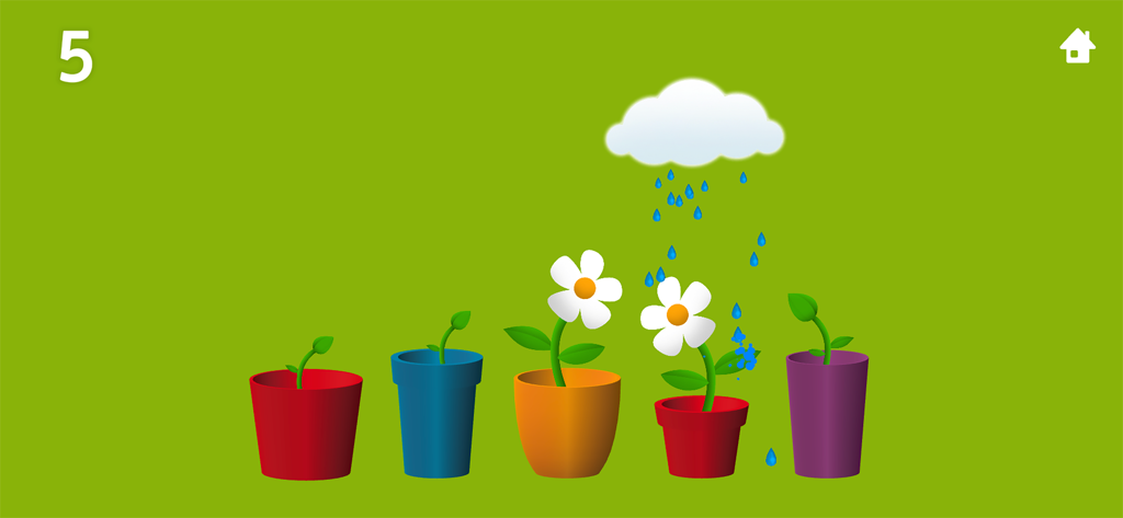 TallyTots Counting 123 Game - A counting game for toddlers featuring five colorful flower pots with a rain cloud watering a blooming white flower