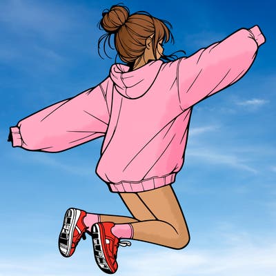 realistic girl jumping with a bun and oversized sweatshirt