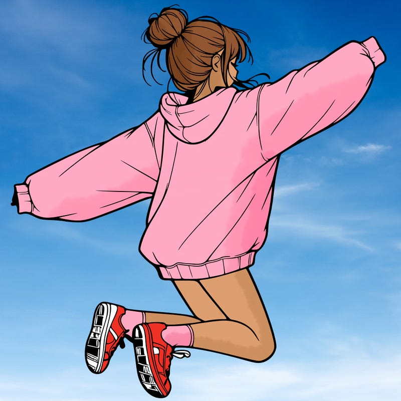 realistic girl jumping with a bun and oversized sweatshirt