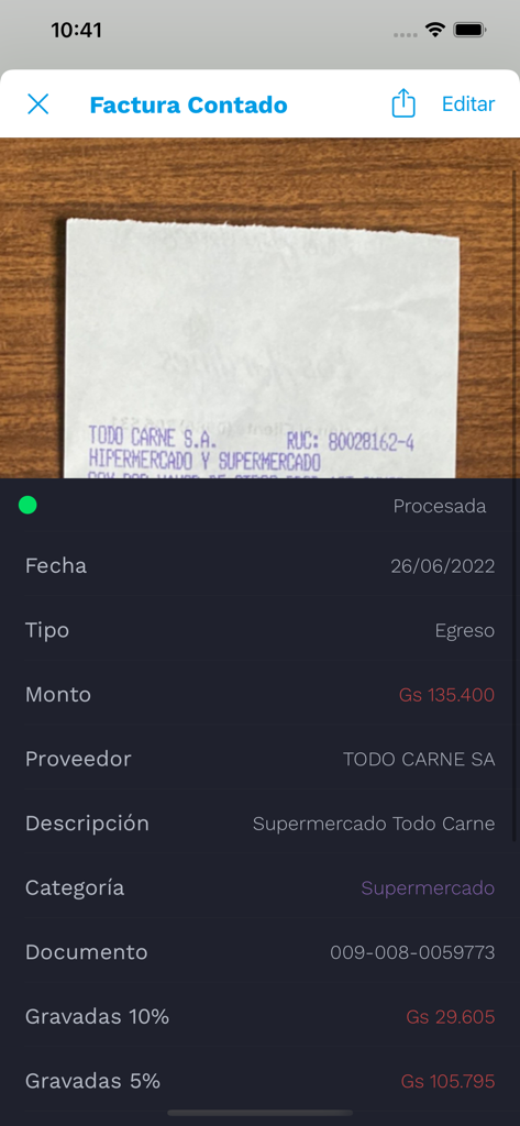 TAXit! - Mobile interface showing a photographed receipt and its automatically classified expense details including tax breakdown and category