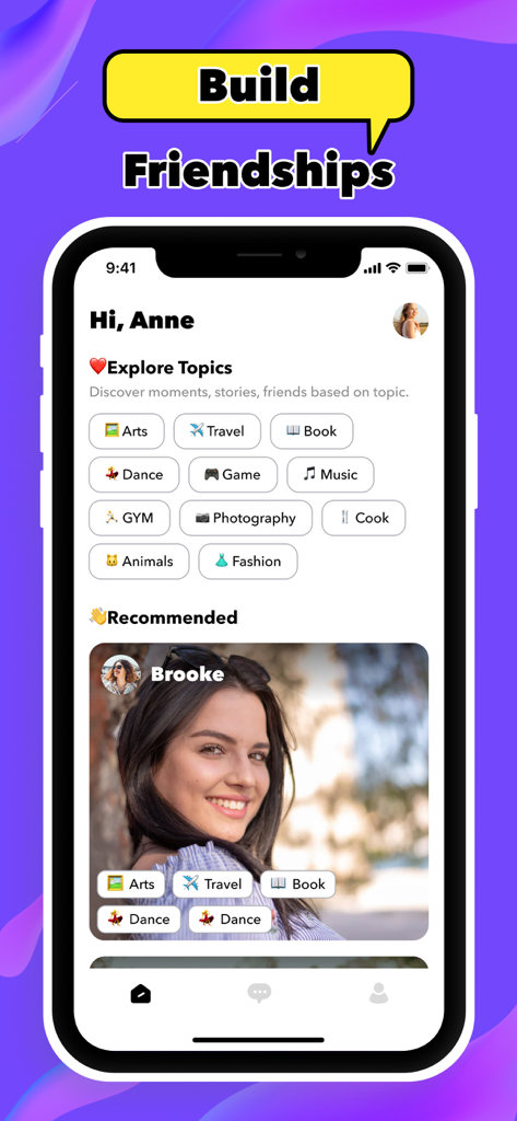 Sharky - Make New Friends - Sharky app screen showing interest based topics like Arts and Travel to help users build new friendships
