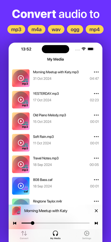 Mp3 Converter & Audio Editor - Interface de aplicativo mobile mostrando uma lista de arquivos de áudio e opções de conversão de formato de áudio