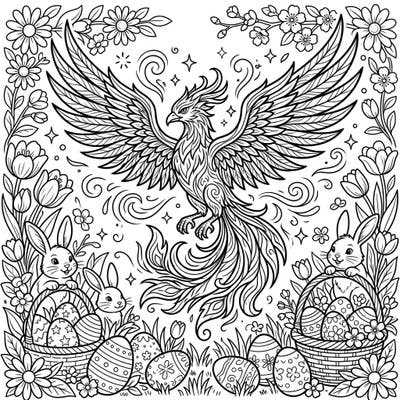 Discover a truly unique coloring experience with our Shadow Phoenix and Easter celebration page. This intricate design blends the majesty of a mythical phoenix with the playful charm of Easter bunnies and decorated eggs, perfect for artists of all ages.