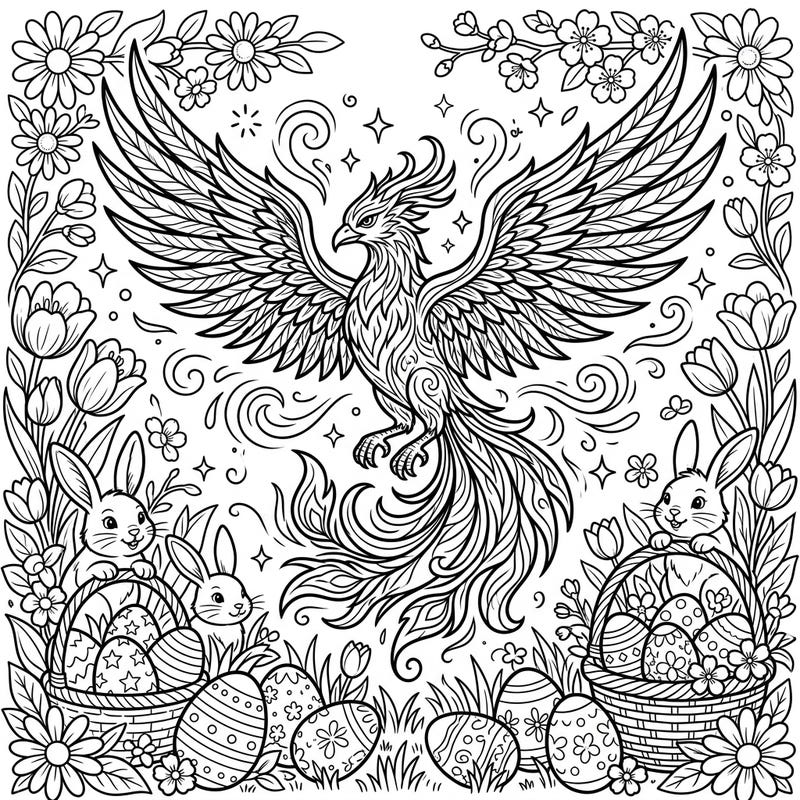 Discover a truly unique coloring experience with our Shadow Phoenix and Easter celebration page. This intricate design blends the majesty of a mythical phoenix with the playful charm of Easter bunnies and decorated eggs, perfect for artists of all ages.