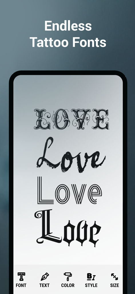 Preview of various tattoo lettering styles within the app interface