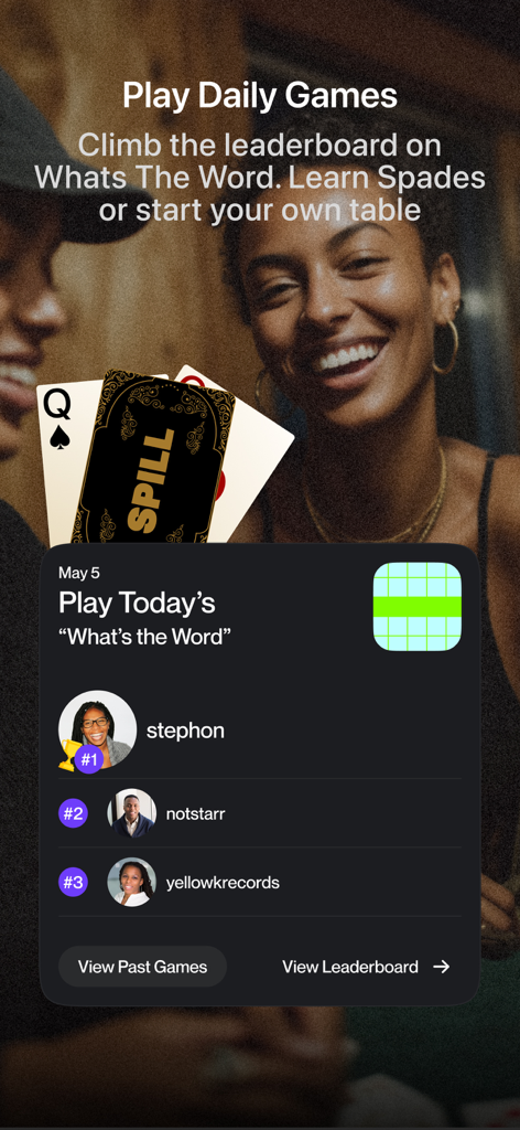 Spill-App - Interface do aplicativo Spill mostrando o recurso de jogos diários com um placar e jogos de cartas culturais como Spades
