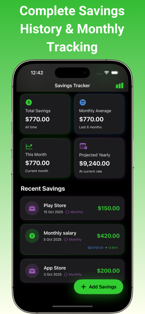 Savings - Money Tracker - Dashboard of the Savings Money Tracker app showing total savings, monthly average, and projected yearly savings in a dark mode interface.