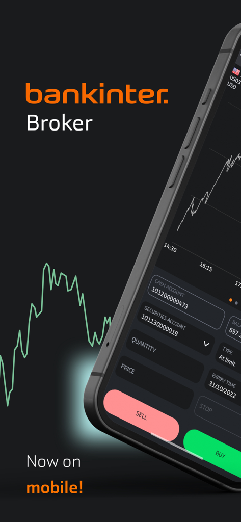 Bankinter Broker - Bankinter Broker mobile App-Oberfläche auf einem Smartphone, die Aktienhandelswerkzeuge und Diagramme zeigt
