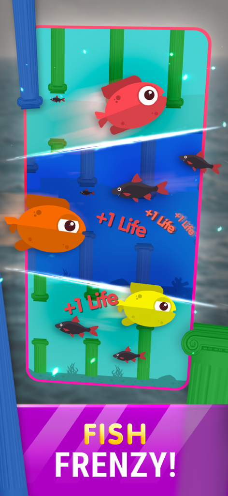 Colorful cartoon fish swimming between underwater columns in the Fish Frenzy game mode