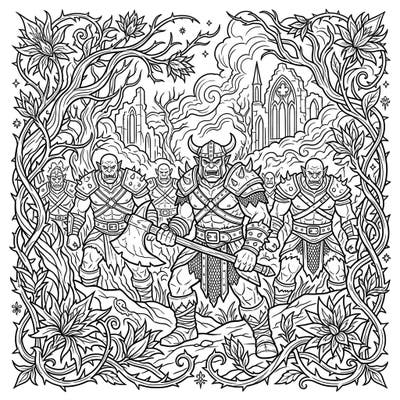 Step into a realm where fierce orc grunts patrol a haunting gothic spring landscape, framed by elegantly decaying foliage. This intricate coloring page offers a unique blend of dark fantasy and natural beauty, perfect for a captivating artistic journey.