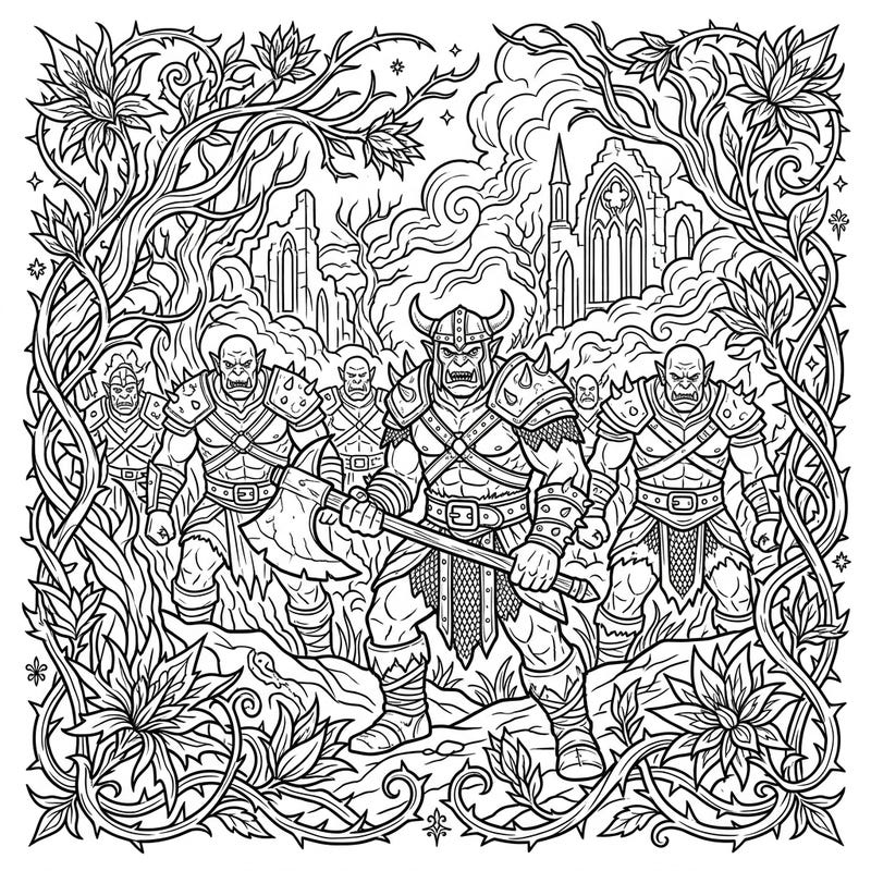 Step into a realm where fierce orc grunts patrol a haunting gothic spring landscape, framed by elegantly decaying foliage. This intricate coloring page offers a unique blend of dark fantasy and natural beauty, perfect for a captivating artistic journey.