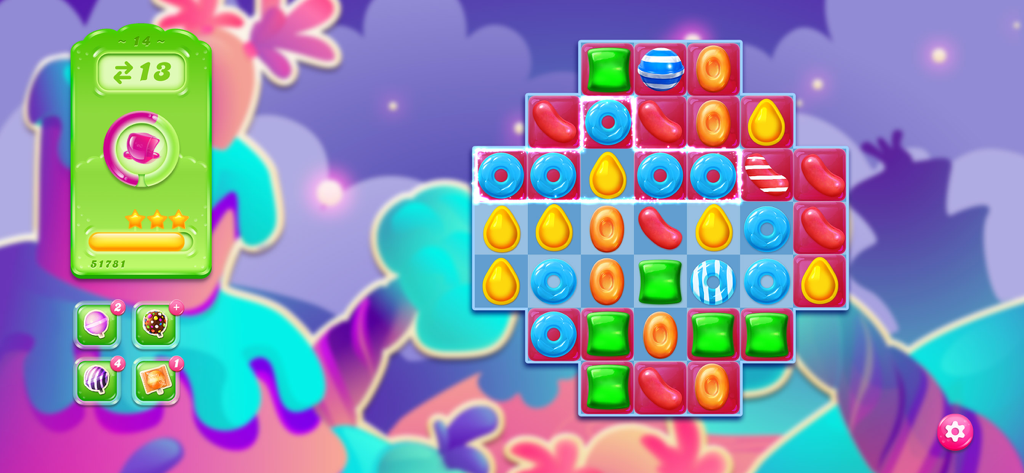Candy Crush Jelly Saga - Tela de jogabilidade do Candy Crush Jelly Saga mostrando uma grade de quebra-cabeça de combinar 3 colorida com doces e um tema de geleia