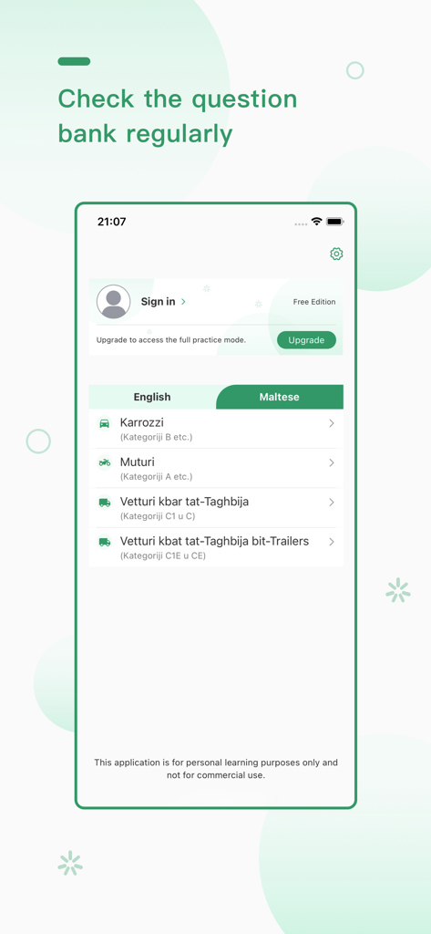 Malta Driving Theory Test app interface showing vehicle categories in Maltese and language selection options.
