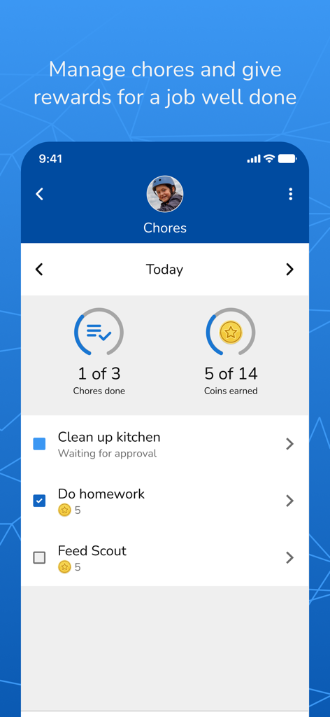 Garmin Jr.™ - 子供の毎日のお手伝いリストと獲得したご褒美コインを表示するGarmin Jr.アプリのインターフェース