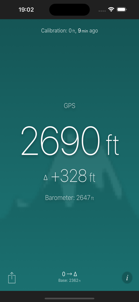 Altimeter (Barometer) - Mobile interface of an altimeter app displaying current altitude in feet using GPS and barometric sensors.
