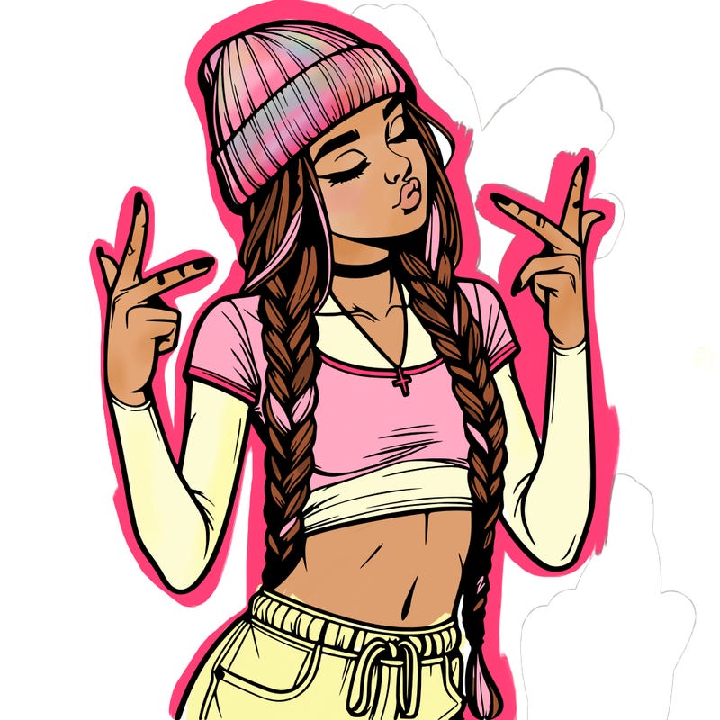 realistic teenage girl with braids and a beanie and crop top doing 🫶🏼
