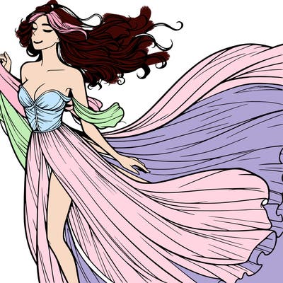 realistic woman in dress flowing the the wind