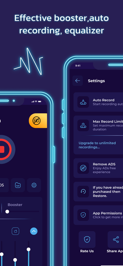 Hearing Amplifier: Clear Sound - Screenshot of the Hearing Amplifier app interface showing sound booster settings and auto recording options