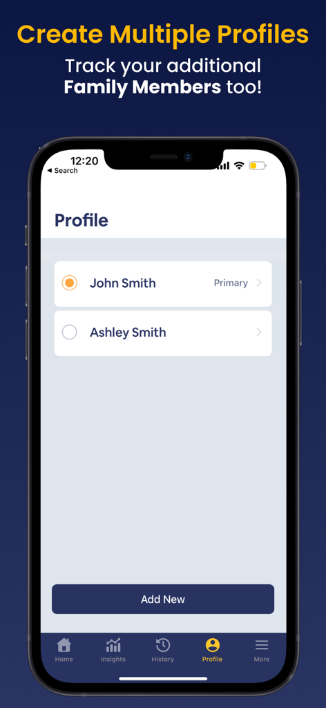 Blood Sugar Monitor Glucobyte - Interface of Glucobyte app showing the create multiple profiles feature to track health data for family members