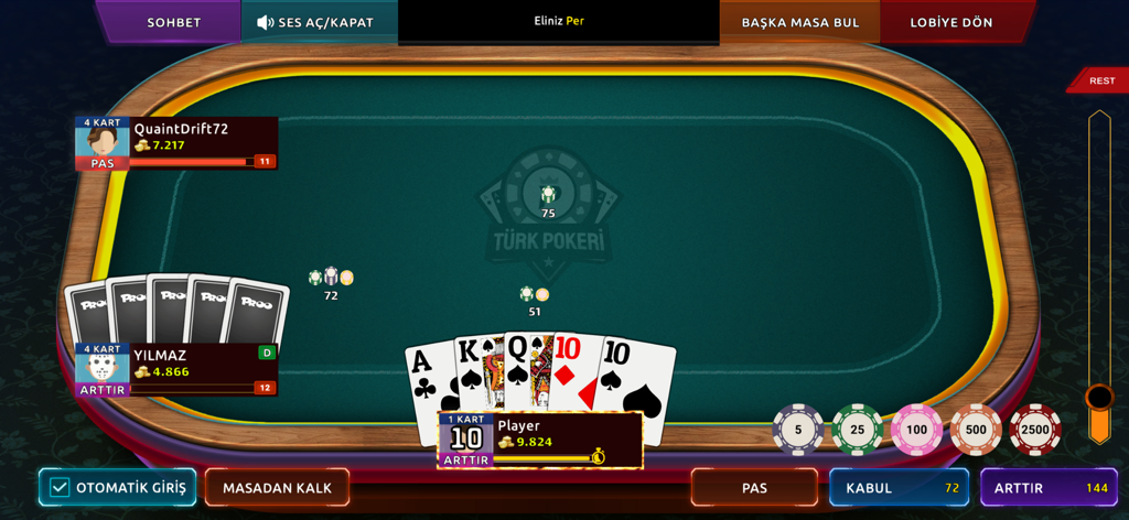 Turk Pokeri - Une capture d'écran du jeu Turk Pokeri avec des joueurs à une table de poker numérique