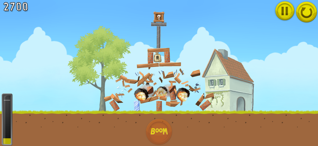 Boom Land™ - Explosiones demoliendo una estructura de madera en el juego de puzzles de física Boom Land.