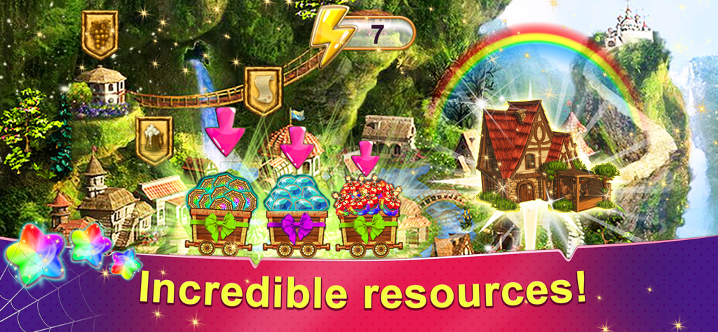 Rainbow Web 3 - Fantasy village landscape with carts of colorful gems and a bright rainbow.