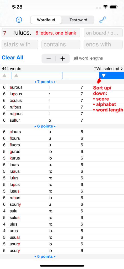 Words Finder Wordfeud/TWL - Interface of the Words Finder app showing a list of words sorted by points with a highlight on sorting options