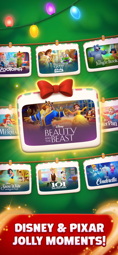 A collection of unlockable Disney and Pixar movie scene postcards featuring Beauty and the Beast and Toy Story.