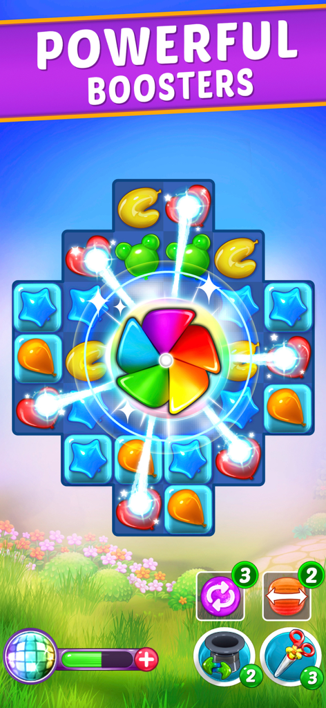 A rainbow pinwheel booster clearing colorful balloons on a match 3 puzzle board in Balloon Paradise.