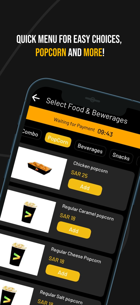Play Cinemas - Mobile app interface for pre-ordering snacks and various popcorn flavors at Play Cinemas