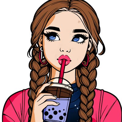 realistic girl with braided hair drinking boba